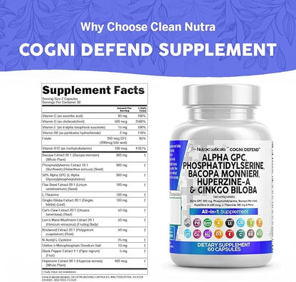 Clean Nutraceuticals Alpha GPC Choline Phosphatidylserine Bacopa Monnieri Ginkgo Biloba Huperzine A Supplement with Urdine Lions Mane Cats Claw NAC Vitamin C B D E