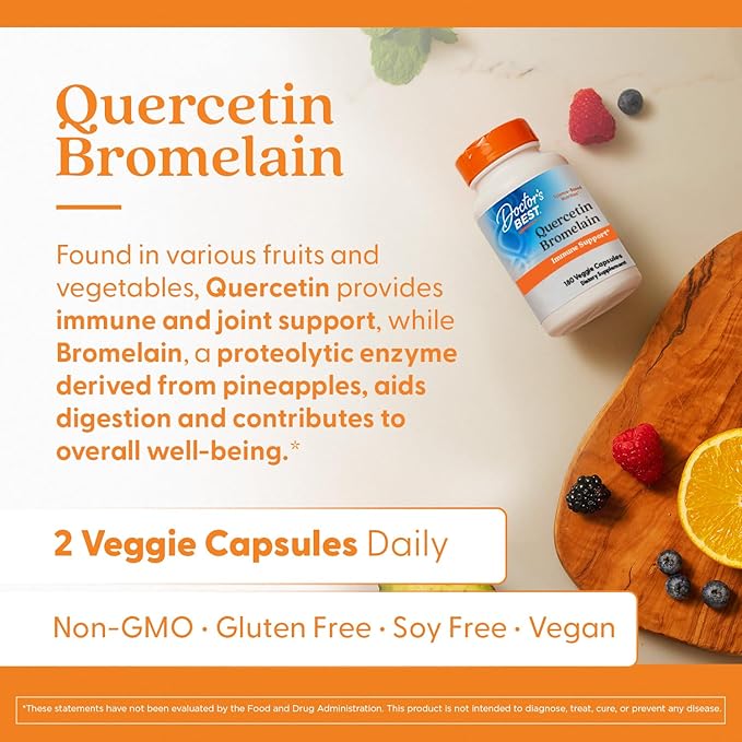 Doctor's Best Quercetin Bromelain, Immunity Support Capsule, Heart, Joint & Healthy Respiratory System, Non-GMO, Vegan, Gluten Free, Soy Free,180 VC