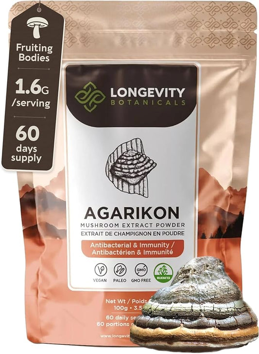 Longevity Botanicals Wildcrafted Agarikon Mushroom Extract Powder 100g | Concentrated 10:1 Ratio | 100% Fruiting Bodies | Laricifomes Officinalis Supplement for Immunity & Respiratory Support