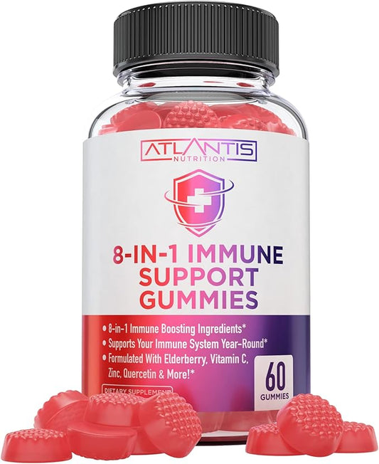Atlantis Nutrition 8-in-1 Immune Support Gummies with Elderberry | Immune Supplement with Elderberry, Quercetin, Zinc, Vitamin C - Immunity Boosters for Adults & Kids - Delicious Flavor - 60 Count