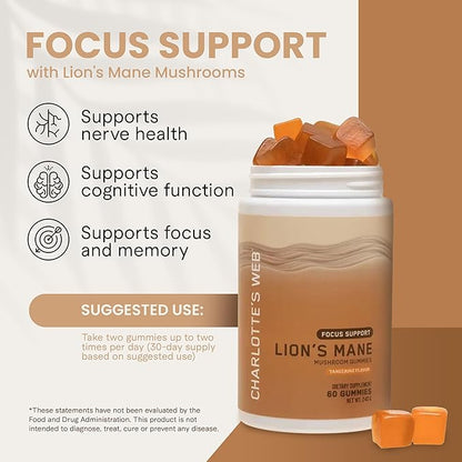 Charlotte's Web Focus Support Mushroom Gummies for Focus and Energy w/Lion’s Mane, Natural Cognitive Support Lions Mane Gummies for Adults — Tangerine Flavor (30 Servings)