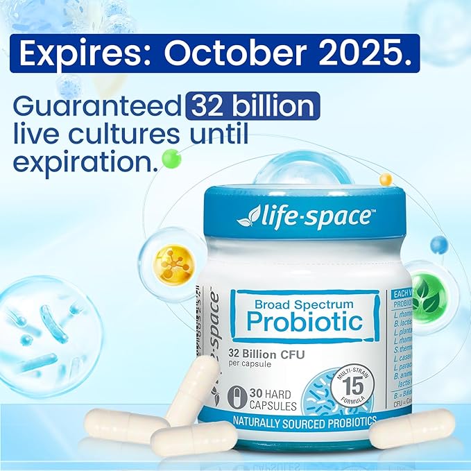 Life-Space Premium Broad Spectrum Probiotics, 32 Billion CFU & 15 Diverse Strains, Formulated for Daily Digestive Health & Immune Health, Probiotics for Women & Men - Mini Bottle 30 Veg Capsules