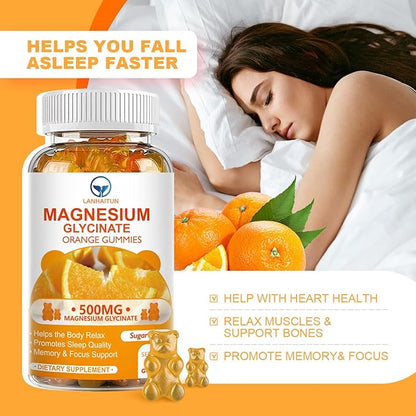 Magnesium Glycinate 500mg Gummies with 100mg Magnesium L-Threonate for Adult Kids,Magnesium Gummies Sugar Free Magnesium Potassium Supplement with Vitamin D,B6,CoQ10 (60 Pack, Orange)
