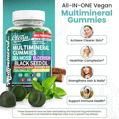 Clean Sea Moss Gummies | Black Seed Oil Ashwagandha, Elderberry, Burdock Root, Chlorella, Manuka Honey - Vegan Irish Sea Moss Gummy Vitamins For Adults Kids Men Women - Multimineral Green Apple Flavor
