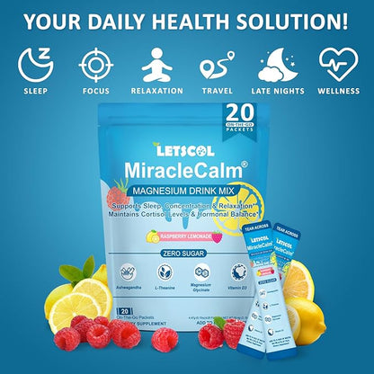 MiracleCalm Drink Mix Powder, Calm Magnesium Calcium Supplement, Cortisol Drink Powdered for Sleep, Relaxed & Focus with Easily Absorbed L-Theanine, Vitamin D3, Ashwagandha, Sugar Free