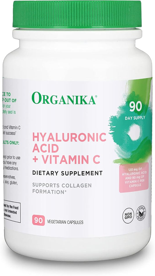 Organika Hyaluronic Acid Supplement with Vitamin C (90 Vegetable Capsules): Symbiotic Joint Wellness, Collagen, & Skin Hydration Powerhouse - Enhanced Hyaluronic Acid Supplements for Mobility & Beauty