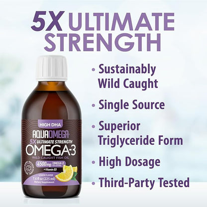 5X Ultimate Strength Omega 3 Fish Oil Liquid 4500mg, Omega 3 Liquid Fish Oil Burpless, High DHA EPA Omega3 Supplement for Women and Men with Vitamin D, 3380mg DHA, 670mg EPA, 7.60 floz, Lemon Flavor