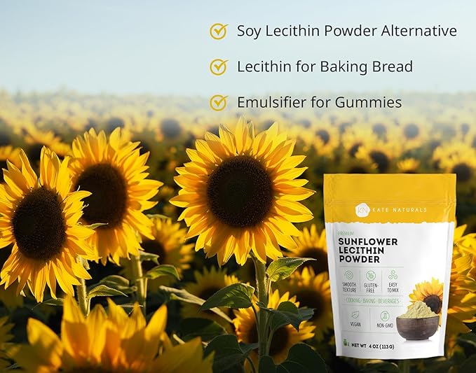 Kate Naturals Sunflower Lecithin Powder for Baking Bread, Gummies, Cooking. Substitute for Soy Lecithin Powder (4 oz, Non-GMO)