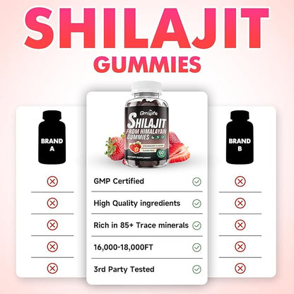 2PCS Pure Himalayan Shilajit Gummies for Men & Women, 1000MG Shilajit Supplement with 85+ Trace Minerals & Fulvic Acid for Energy, Immunity, Sugar-Free, Strawberry-120 Count