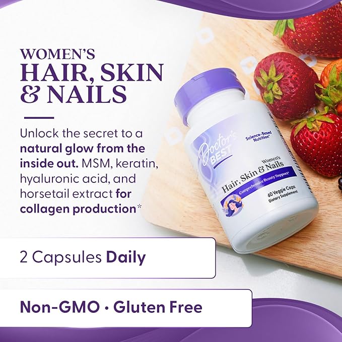 Doctor's Best Womens Hair, Skin & Nails with OptiMSM + KeraGLO, Comprehensive Beauty Support, Non-GMO, Gluten Free 60 Veggie Caps