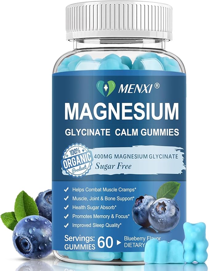 Magnesium Gummies 600mg per Serving-Magnesium Glycinate 400mg and Magnesium Malate 200mg,Sugar Free Magnesium Potassium Supplement for Calm Mood, Muscle, Bone & Sleep Support,60 Blueberry Gummies
