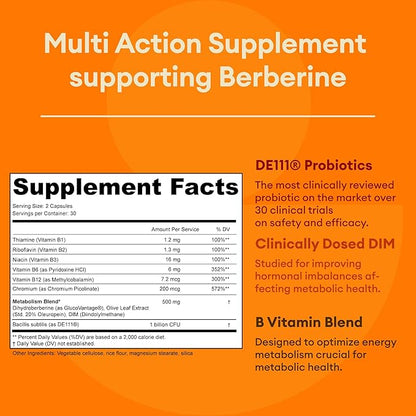 GLDN Berberine Advanced Absorption Formula - 200mg Dihydroberberine 5X Improved Absorption - DIM - Chromium Picolinate and DE111 Probiotics for Digestive Support - Vegan Friendly - 60 Capsules
