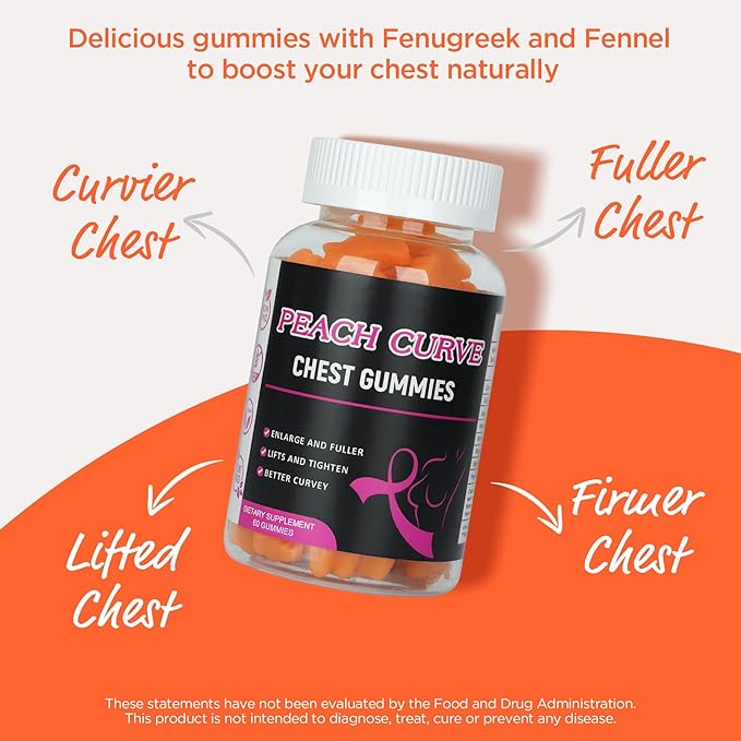Chest Gummies for Enhance Curvy Body, 60 Count, Bear Shape Chest Support Gummies for Confidence Lifting, Peach Flavor Weight Gainer Vitamin BBL Gummy for Women Men Workout Enhancement