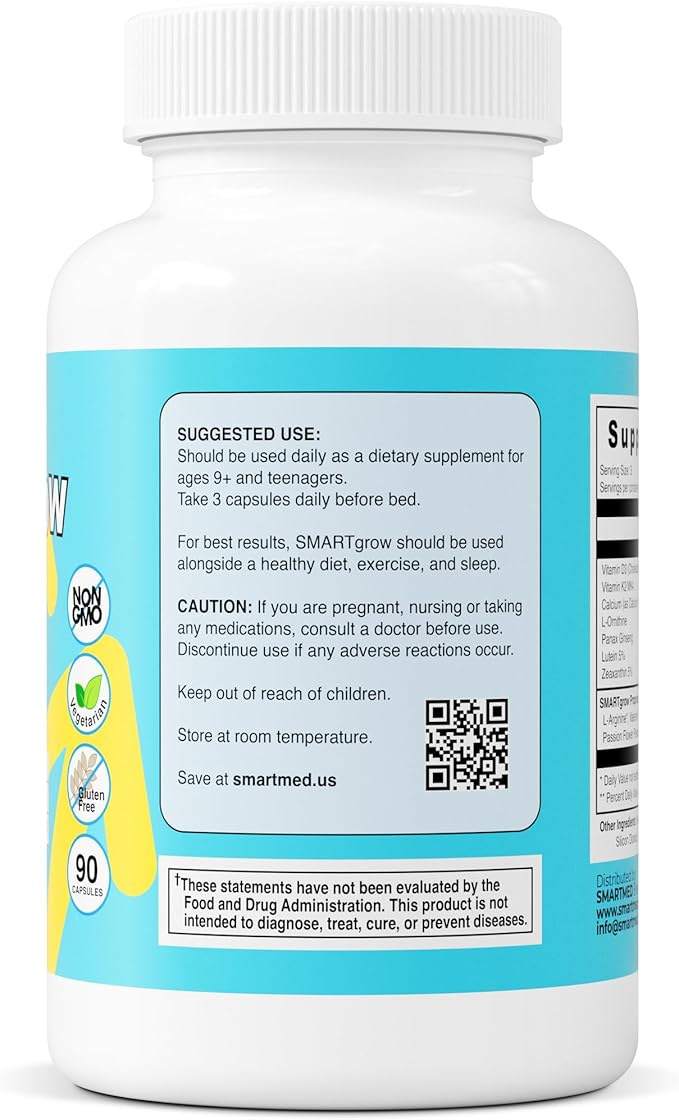 SMARTGROW 5-in-1 Premium Height Growth - Calcium, Vitamin D3, L-arginine - Sleep Aid for Maximum Growth, Immunity Support, Brain Health, Bone Strength, Eye Health (90 Count (Pack of 2))