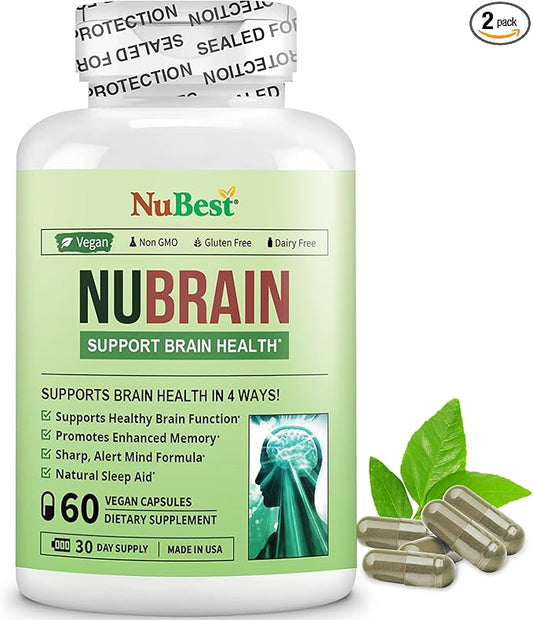 NuBrain Booster - Brain Supplement for Brain Booster, Memory, Focus & Clarity Support with St. John’s Wort, Ginkgo Biloba, Bacopa & More - Premium Nootropic Brain Supplement - 2 Pack