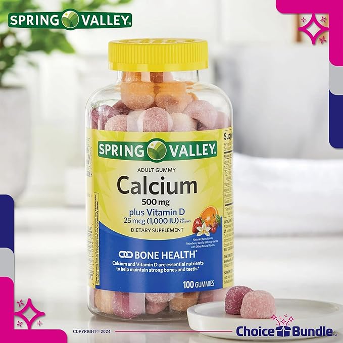 Spring Valley Calcium 500 mg Plus Vitamin D 25 mcg Bone Health Dietary Supplement Gummies, 100 Ct 3 pk (300 Total) + Vitamin Guide and Pill Container (5 Items)!