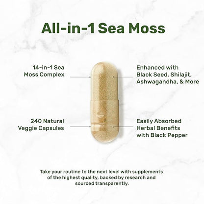 DEAL SUPPLEMENT Irish Sea Moss 7000mg Per Serving, 240 Veggie Capsules – 14 Superfood Complex – 3000mg Black Seed Oil, 2000mg Ashwagandha, 600mg Ginger