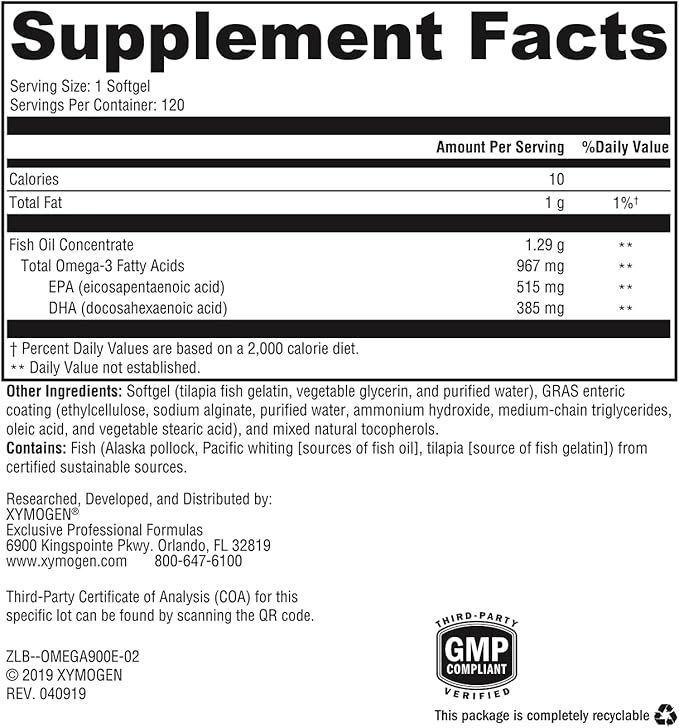 XYMOGEN OmegaPure 900 EC - Alaskan IFOS Five-Star Certified Omega 3 Fish Oil - EPA DHA Fish Oil Supplement- Support Cardiovascular and Brain Health (120 Enteric-Coated Softgels)