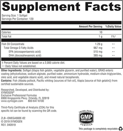 XYMOGEN OmegaPure 900 EC - Alaskan IFOS Five-Star Certified Omega 3 Fish Oil - EPA DHA Fish Oil Supplement- Support Cardiovascular and Brain Health (120 Enteric-Coated Softgels)
