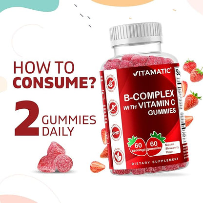 Vitamatic Vitamin B Complex Gummies with Vitamin C & Inositol - Natural Strawberry Flavor - 60 Gummies (1 Bottle)