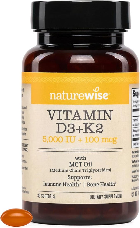 NatureWise Vegan Vitamin D3 + K2 with Organic Coconut MCT Oil - Organic D3 5000IU + Natural K2 100mcg - High Absorption Bone Support - Soy & Gluten Free - USA Manufactured - 30 Softgels[30-Day Supply]