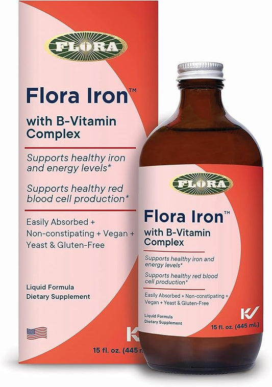 Flora Iron - Vegan Liquid Iron Supplement with B Vitamins - Offers Red Blood Cell & Energy Support - Yeast-Free & Gluten-Free - Delicious Fruit Juice Base - 15 fl. oz. Glass Bottle