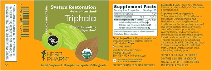 Herb Pharm USDA Organic Triphala Capsules | Cleansing & Detoxification Support & Digestive Health Support With Amla, Haritaki & Bibhitaki, FAIRWILD® Certified | 60 Vegan Capsules, Up to 30 Day Supply*