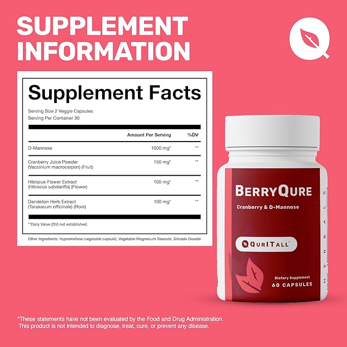 BerryQure Cranberry & D-Mannose Supplements for Women - D-Mannose Pills with Cranberry Juice Powder, Hibiscus Flower & Dandelion Herb Supports Urinary Tract Health - 60 Capsules