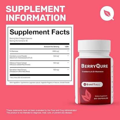 BerryQure Cranberry & D-Mannose Supplements for Women - D-Mannose Pills with Cranberry Juice Powder, Hibiscus Flower & Dandelion Herb Supports Urinary Tract Health - 60 Capsules