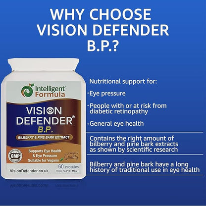 Vision Defender BP Eye Supplement: Bilberry and Pine Bark Extracts for Eye Pressure and Eye Health Support (60 Vegan Capsules)