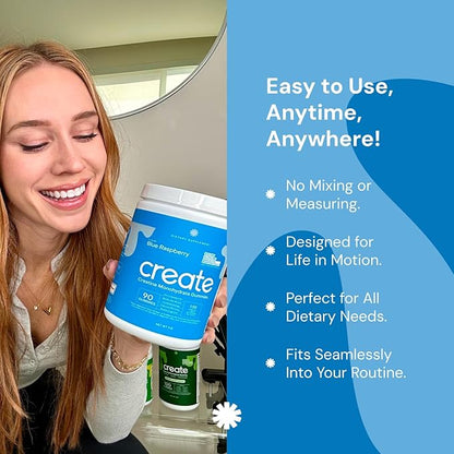 Create Creatine Monohydrate Gummies for Men & Women, Boost Focus, Strength, and Endurance, Anti-Melting Formula, Vegan, Gluten-Free, Non-GMO, 1.5g of Creatine per Gummy (Blue Raspberry, 90 ct)