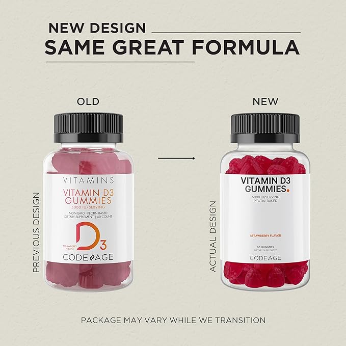 Codeage Vitamin D3 Gummy Vitamins, Vitamin D3 5000 IU Gummies Cholecalciferol 125 mcg - 2-Month Supply - Soft Pectin-Based, Animal Gelatin-Free Vitamins Gummy, Strawberry, Gluten-Free - 60 Gummies