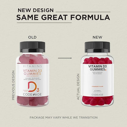 Codeage Vitamin D3 Gummy Vitamins, Vitamin D3 5000 IU Gummies Cholecalciferol 125 mcg - 2-Month Supply - Soft Pectin-Based, Animal Gelatin-Free Vitamins Gummy, Strawberry, Gluten-Free - 60 Gummies