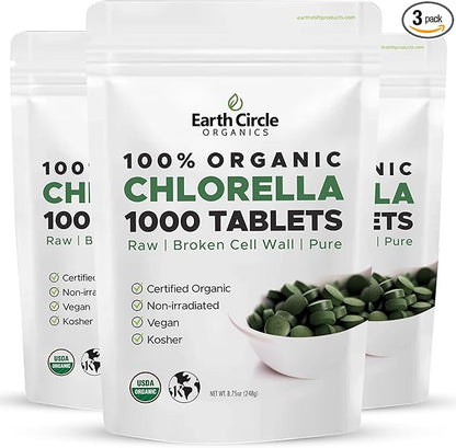 Organic Chlorella Tablets 1,000 Count | High Potency Superfood | Chlorophyll Pills from 100% Pure Green Algae | Broken Cell Wall for Max Absorption | Vegan, Kosher, Non-GMO | 4 Tabs per Day (3-Pack)