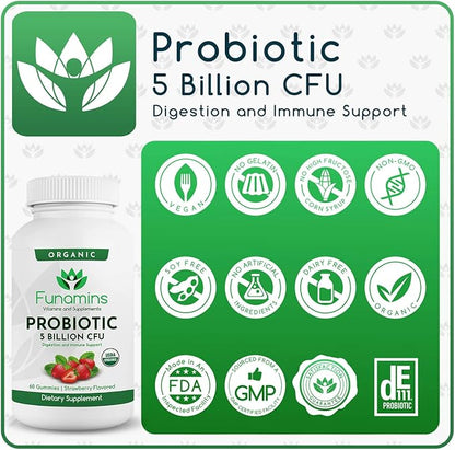 Organic Probiotic Gummies, 2-Pack, 60 Count Each, 5 Billion CFU per Serving, Vegan, Supports Digestive Health and Immune Defense, for Women and Children; Strawberry Flavor