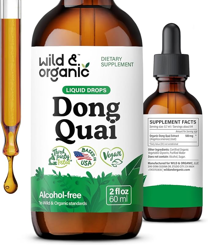 Wild & Organic Dong Quai Tincture 500 mg - Angelica Root Supplements for Women - Dong Quai Root Liquid Extract Drops - Angelica Sinensis Herb - No Sugar & Alcohol - 2 fl oz