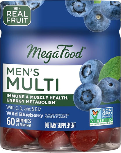 MegaFood Men's Multi - Multivitamin for Men - Gummy Vitamins - Vitamin C, D, Zinc, B12 & Real Fruit - Immune Support - Vegetarian - Wild Blueberry - 60 Gummies (30 Servings)