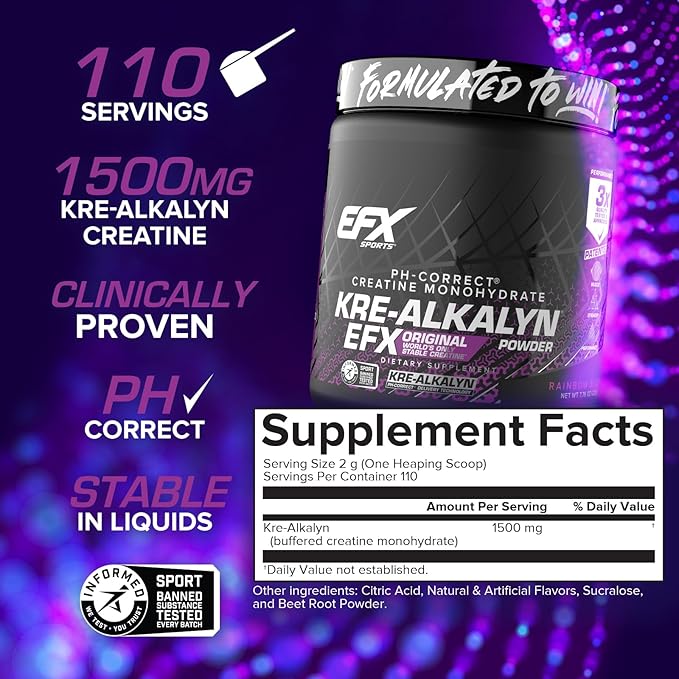 EFX Sports Kre-Alkalyn EFX Powder | pH Correct Creatine Monohydrate Powder Supplement | Strength, Muscle Growth & Performance | 110 Servings (Rainbow Blast)