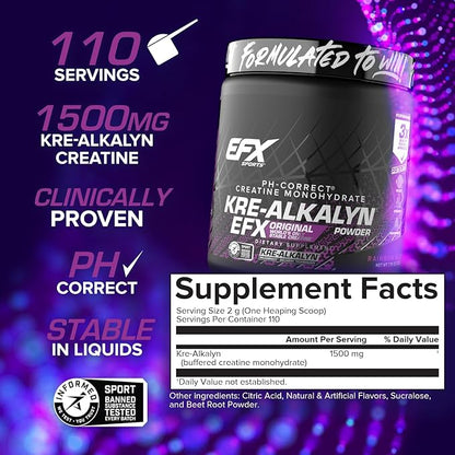 EFX Sports Kre-Alkalyn EFX Powder | pH Correct Creatine Monohydrate Powder Supplement | Strength, Muscle Growth & Performance | 110 Servings (Rainbow Blast)