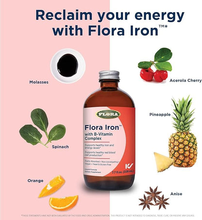 Flora Iron - Vegan Liquid Iron Supplement with B Vitamins - Offers Red Blood Cell & Energy Support - Yeast-Free & Gluten-Free - Delicious Fruit Juice Base - 15 fl. oz. Glass Bottle