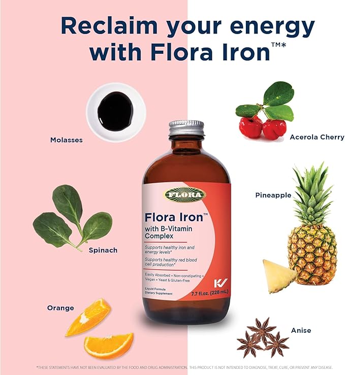 Flora Iron - Vegan Liquid Iron Supplement with B Vitamins - Offers Red Blood Cell & Energy Support - Yeast-Free & Gluten-Free - Delicious Fruit Juice Base - 7.7 fl. oz. Glass Bottle