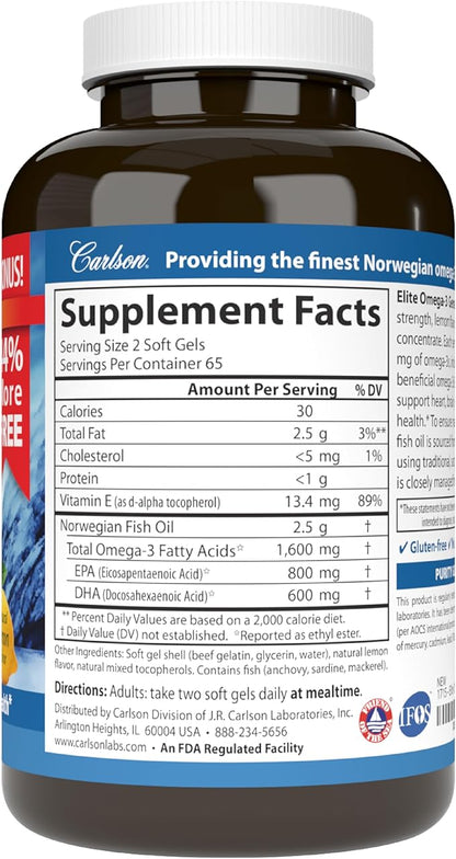 Carlson - Elite Omega-3 Gems, 1600 mg Omega-3 Fatty Acids Including EPA and DHA, Norwegian, Wild-Caught Fish Oil Supplement, Sustainably Sourced Omega 3 Fish Oil Capsules, Lemon, 130 Softgels