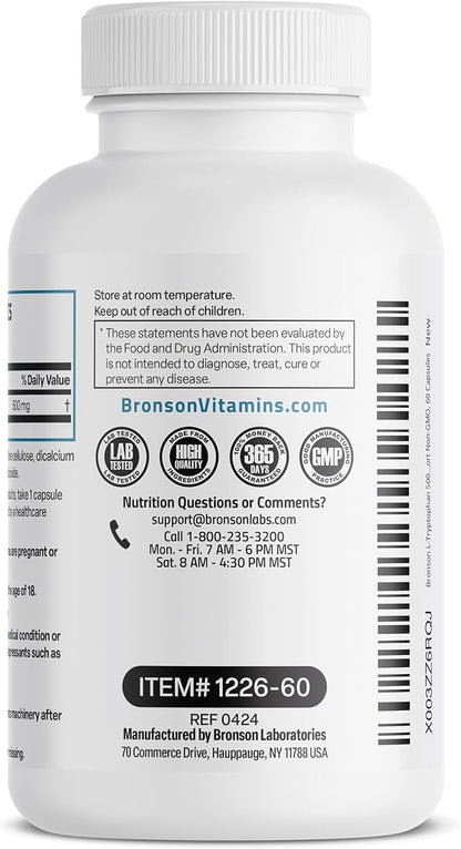 Bronson L-Tryptophan 500 MG High Potency Essential Amino Acid Supports Relaxation & Positive Mood Support Non-GMO, 60 Capsules