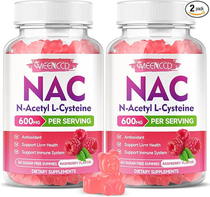 2 Pack NAC Gummies, N Acetyl Cysteine 600mg NAC Supplement for Antioxidants & Immune Support, Lung & Liver Health, Sugar-Free, Raspberry Flavor, 120 Count