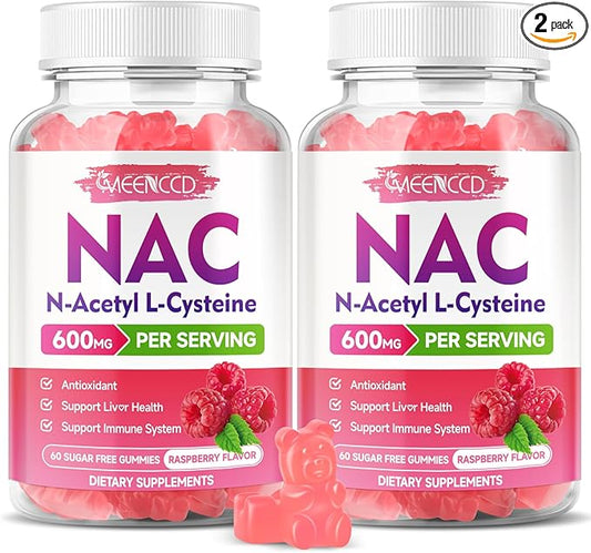 2 Pack NAC Gummies, N Acetyl Cysteine 600mg NAC Supplement for Antioxidants & Immune Support, Lung & Liver Health, Sugar-Free, Raspberry Flavor, 120 Count