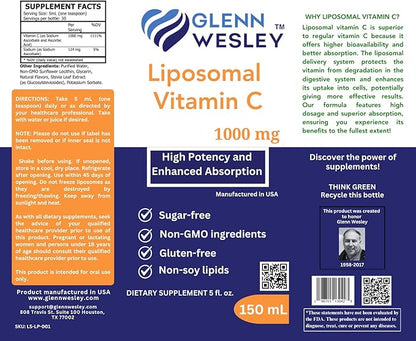 Liquid Liposomal Vitamin C 1000mg (5 Fl. Oz. 150ml) 30 Servings - Sugar-Free, Non-GMO, Gluten-Free Dietary Supplement - High Potency and Enhanced Absorption