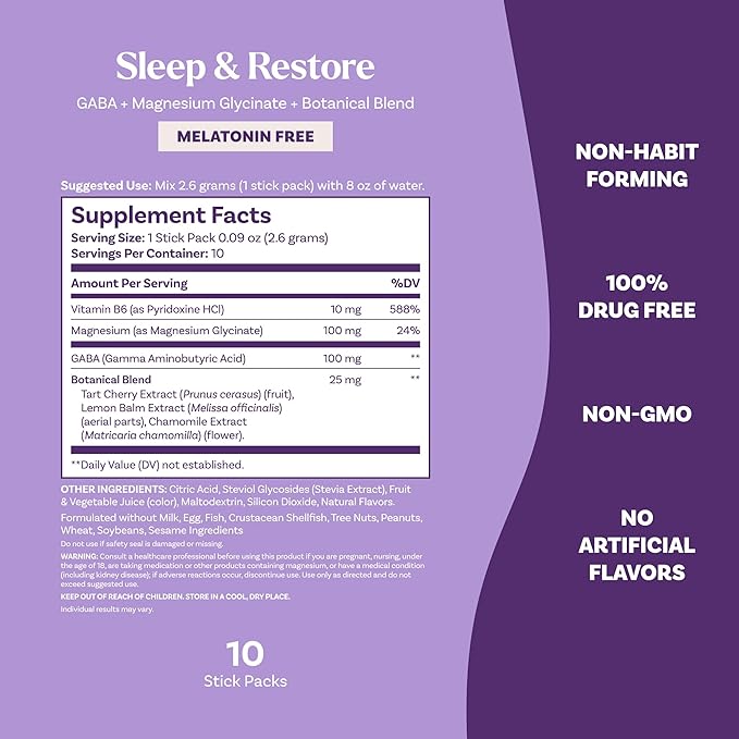Natrol Sleep & Restore Calming Drink Mix with Magnesium Glycinate, Magnesium Sleep Aid, Melatonin-Free, Cherry, 10 Stick Packs