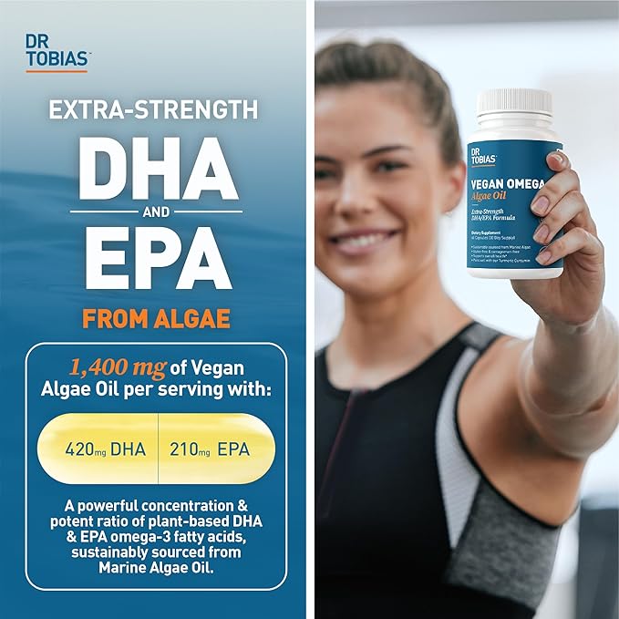 Dr. Tobias Vegan Omega 3 Algae Oil and Vitamin D3 5000 IU, Essential Nutrients to Support Brain, Heart, Bones, Immune System & Optimal Wellness