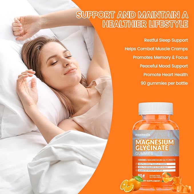 Magnesium Gummies 1000mg -Magnesium Glycinate Supplement and Magnesium L-Threonate Gummy,Sugar Free Magnesium Potassium Supplement for Calm Mood, Muscle, Bone & Sleep Support 90 Orange Gummies