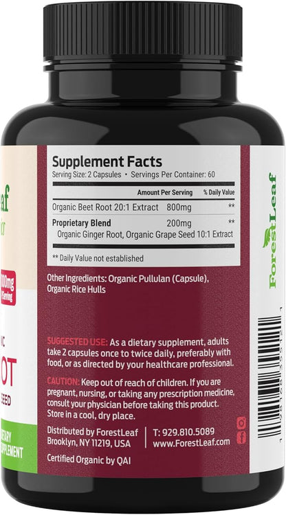 ForestLeaf Organic Beet Root Capsules - with Ginger & Grape Seed 16000mg Strength 20:1 Extract, Supports Nitric Oxide Production, Beets Supplements with Organic Non-GMO Beetroot Powder 120 Veggie Caps